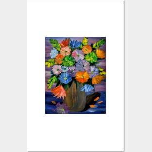 a beautiful bouquet of mixed flowers in a silver and turquoise and gold blend vase Posters and Art